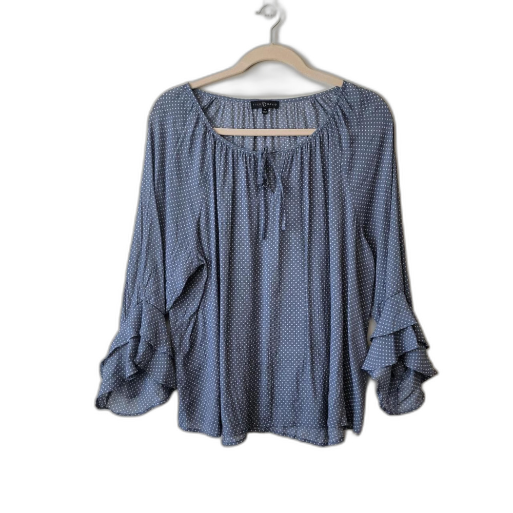 Fred David Blue Polka Dot Ruffle Sleeve Blouse Plus 3XL